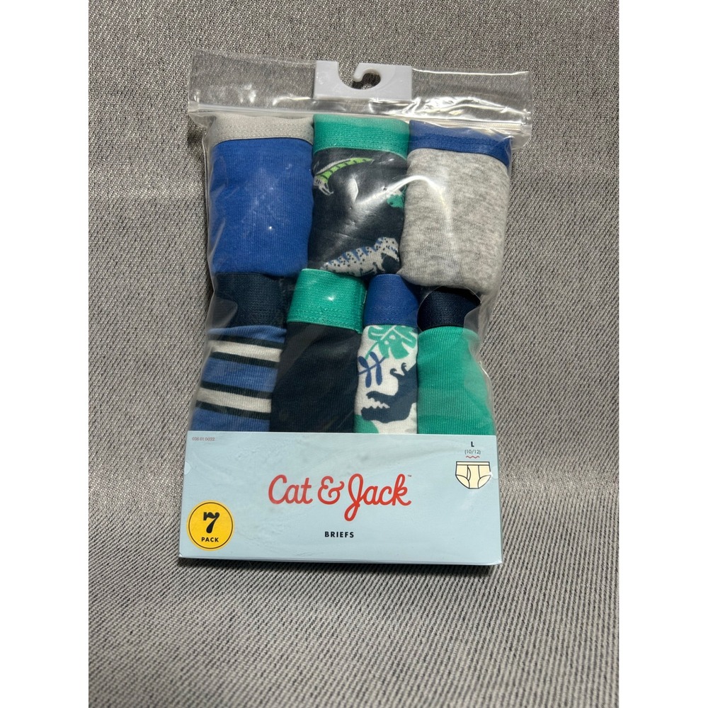 Cat & Jack Boys Briefs Underwear 7 Pack Size L 10/12 Blue Green Dino Cotton